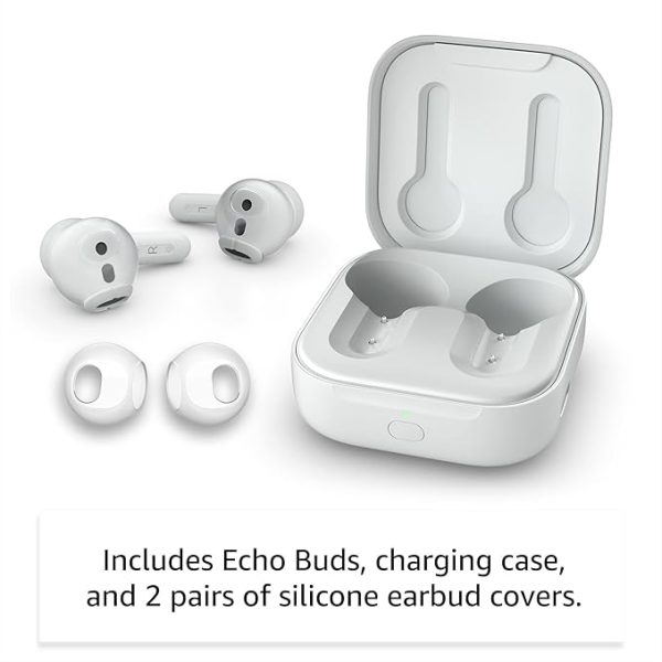 Amazon Echo Buds (newest model), True Wireless Bluetooth 5.2 Earbuds with Alexa, audio personalization, multipoint, 20H battery with charging case, fast charging, sweat resistant, Glacier White
