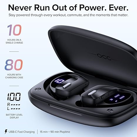 OCC Wireless Ear Hook Sport Earbuds, Bluetooth Headphones with Mic, IPX5 Waterproof, 80H Playtime, Deep Bass, Secure Fit for Running Gym Workout - Black