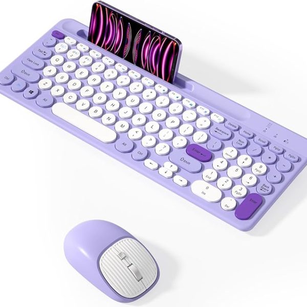 Bluetooth Keyboard and Mouse Wireless, Multi-Device Rechargeable Keyboard and Mouse Combo with Phone Holder (Bluetooth 5.0+3.0+2.4GHz) Quiet Ergonomic Compatible with Mac/Windows/iOS/Android