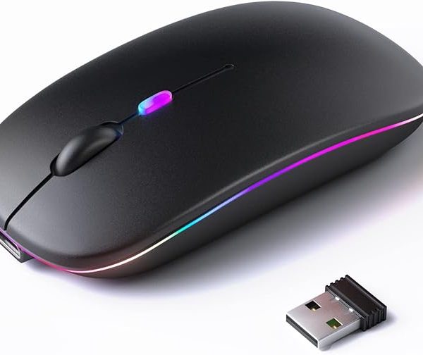 Wireless Bluetooth Mouse – Rechargeable, Silent, Dual Mode (Bluetooth 5.2 & USB) with LED Lights – Portable for Laptop, Desktop, & Tablet(Black)
