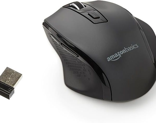 Amazon Basics Computer Mouse Wireless, Ergonomic, 2.4 GHz Optical, DPI Adjustable, Compatible With PC, Mac, Laptop, Black