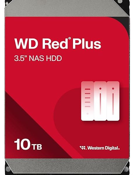 Western Digital 10TB WD Red Plus NAS Internal Hard Drive HDD - 7200 RPM, SATA 6 GB/s, CMR, 512 MB Cache, 3.5" - WD100EFGX