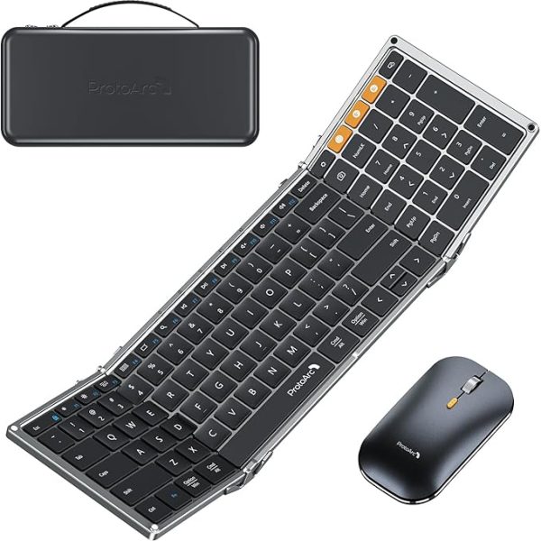 ProtoArc Foldable Keyboard and Mouse, XKM01 True Full-Size Folding Wireless Keyboard Mouse Combo for Business Travel, a Portable Office Suite On-the-Go, Compatible with Laptop iPad Tablet - Black Gray