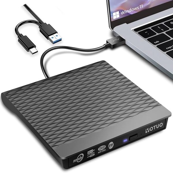 External DVD Drive, Portable USB 3.0 CD +/-RW Drive DVD Player for ROM Rewriter Burner for Laptop Desktop, Compatible with Windows 7/8/10/11 Mac MacBook Pro/Air (Dual Sockets in One)