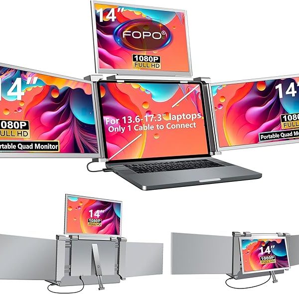 FOPO 14" Laptop Screen Extender Monitor Portable, Quad Monitor, Just 1 Cable for 3 Screens, FHD 1080P IPS Laptop Extender Compatible with Wins/Mac(M1 M2 M3) for 13.6" - 17.3" Laptops